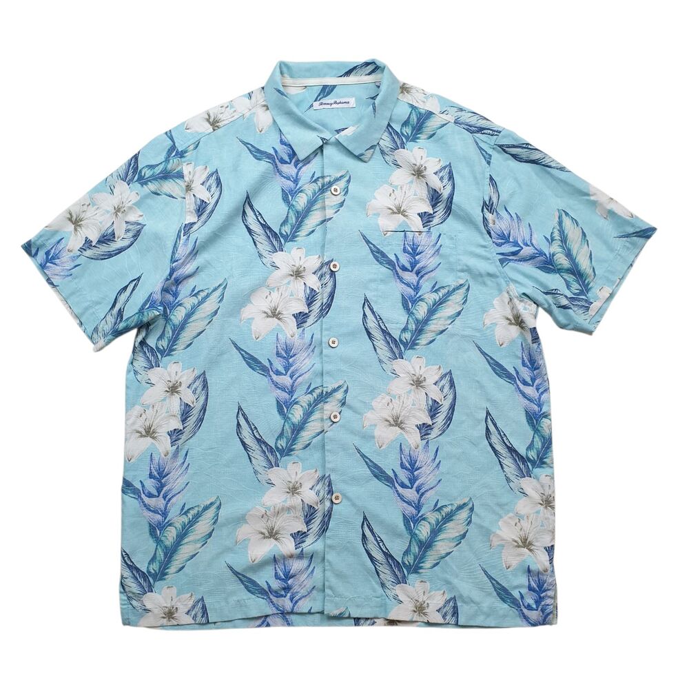 Tommy Bahama Silk Coolmax Shirt Mens Large Hawaiian Floral Tropical Blue